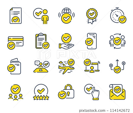 Approve line icons. Interviewed, accepted document, right choice. Quality check, protection, checklist icons. Guarantee document, accepted card, approve verification. Flight confirmed. Vector Approve line icons. Interviewed, accepted document, right choice. Quality check, protection, checklist icons. Guarantee document, accepted card, approve verification. Flight confirmed. Vector 114142672