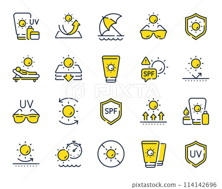 Sun protection line icons. Sunscreen, beach lounger and umbrella set. Summer sunbed, sunblock cream and uv sunglasses line icons. Spf protection, skin care lotion and beach sunscreen. Vector 114142696