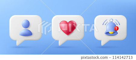 Social media notification 3d icons. Like, friend request and reminder speech bubble. Chat message notification alert, friend profile page and love emotion. 3d like chat bubble. Vector illustration Social media notification 3d icons. Like, friend request and reminder speech bubble. Chat message notification alert, friend profile page and love emotion. 3d like chat bubble. Vector illustration 114142713