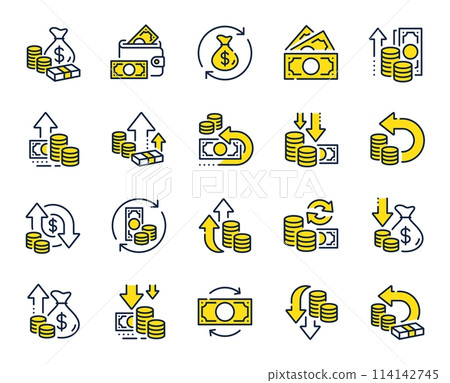 Money line icons. Finance, revenue reduction and financial benefit set. Economy, money savings and increase profit line icons. Cash back, wallet and return finance. Inflation rising. Vector Money line icons. Finance, revenue reduction and financial benefit set. Economy, money savings and increase profit line icons. Cash back, wallet and return finance. Inflation rising. Vector 114142745