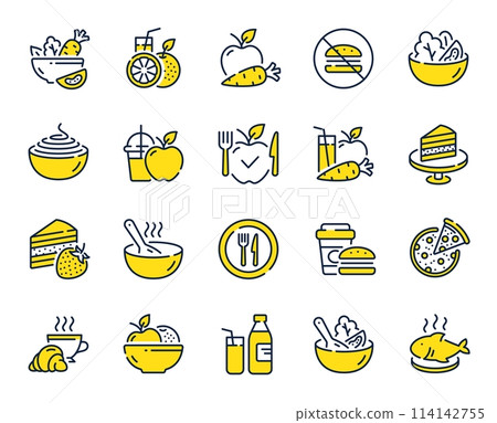 Meal line icons. Vegatable dish, poke bowl food and healthy salad set. Pizza, pasta spaghetti bowl and burger line icons. Breakfast meal, vegetable salad and fish. Apple and carrot fresh juice. Vector Meal line icons. Vegatable dish, poke bowl food and healthy salad set. Pizza, pasta spaghetti bowl and burger line icons. Breakfast meal, vegetable salad and fish. Apple and carrot fresh juice. Vector 114142755