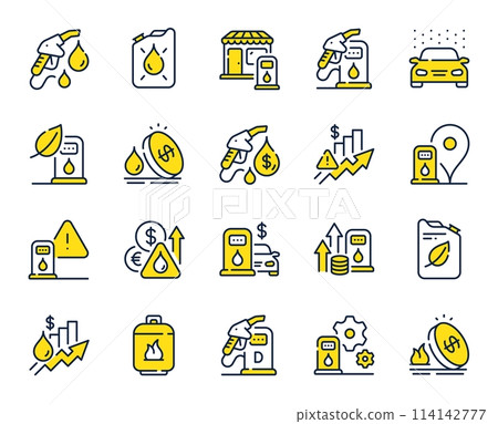 Gas station line icons. Petrol canister, diesel fuel and gas cylinder set. Eco leaf, Fuel station and petrol canister line icons. Liquefied gas, rising prices and oil energy. Vector 114142777