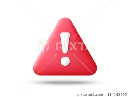 Red danger warning triangle 3d icon. Alert, caution or emergency notification symbol. Danger hazard notification. Caution alert notice, triangle warning reminder and emergency attention. Vector 114142795