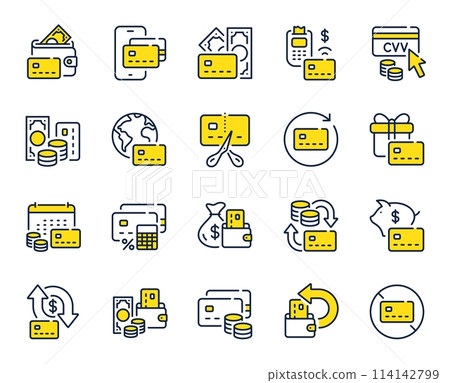 Credit card line icons. Payment card terminal, bankrupt and contactless pay set. Bank atm exchange, cut credit card and CVV code line icons. POS terminal, online bank payment, wallet. Vector Credit card line icons. Payment card terminal, bankrupt and contactless pay set. Bank atm exchange, cut credit card and CVV code line icons. POS terminal, online bank payment, wallet. Vector 114142799