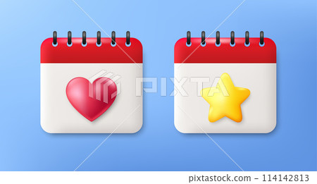 3d calendar icons with heart and star shapes, render graphic style. Event schedule date, calendar favorite day with star, dating reminder. Romantic date, important calendar day. Vector illustration 114142813