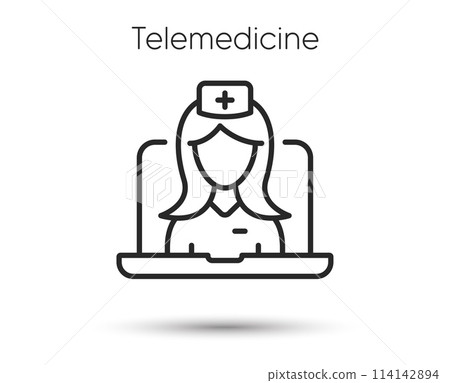 Telemedicine line icon. Online doctor sign. Medical health care symbol. Illustration for web and mobile app. Line style online telemedicine consultation icon. Editable stroke remote doctor. Vector 114142894