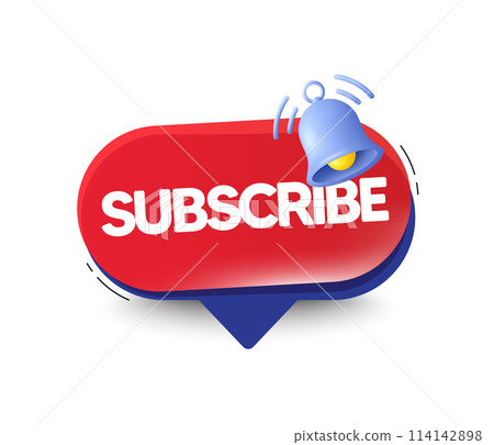 Subscribe button with ring bell icon. Promotion offer speech bubble with alert symbol. Premium subscribe banner. Subscription alert button. 3d bell notification announcement. Vector 114142898