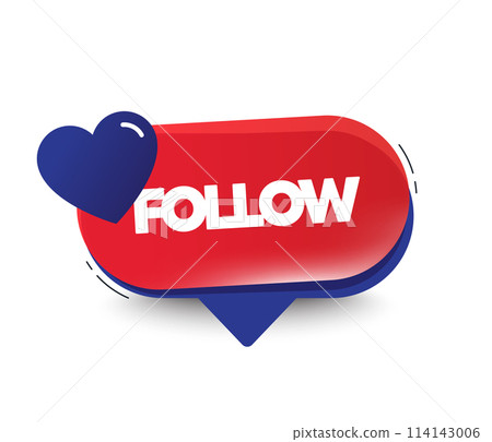 Follow us button with heart icon. Promotion offer speech bubble with love symbol. Announcement chat bubble. Social media website banner with follow subscribe word. Vector Follow us button with heart icon. Promotion offer speech bubble with love symbol. Announcement chat bubble. Social media website banner with follow subscribe word. Vector 114143006