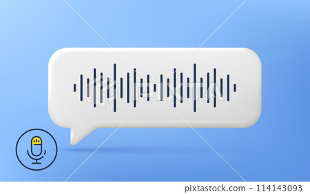 Voice message chat bubble icon with sound wave and microphone. Record audio message. 3d speech bubble with mic. Podcast voice audio record. Music track sound wave. Vector Voice message chat bubble icon with sound wave and microphone. Record audio message. 3d speech bubble with mic. Podcast voice audio record. Music track sound wave. Vector 114143093