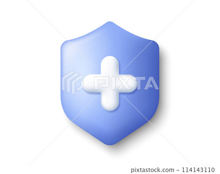 Shield 3d icon. Health care concept with cross. Medic care insurance. Immune system virus protection. Medicine health, pharmacy care and medical hospital symbol. Medic 3d shield. Vector Shield 3d icon. Health care concept with cross. Medic care insurance. Immune system virus protection. Medicine health, pharmacy care and medical hospital symbol. Medic 3d shield. Vector 114143110