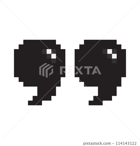 Pixel art quote marks icon. Discussion comma, news quotation and comment message. Game design quote icon. Black quotation marks. Isolated discussion comma. Vector 114143122