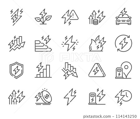 Energy line icons. Electric power, Charge station and Electricity price inflation set. Eco energy, efficiency consumption and saving electricity line icons. Lightning bolt, electric power. Vector Energy line icons. Electric power, Charge station and Electricity price inflation set. Eco energy, efficiency consumption and saving electricity line icons. Lightning bolt, electric power. Vector 114143250