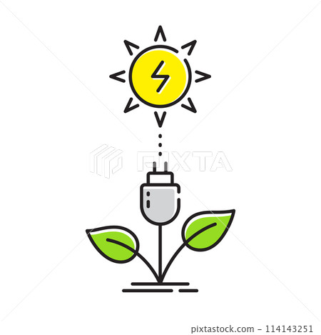 Eco plug power line icon. Save energy from eco electric power. Alternative and ecological sustainable sun energy. Innovation technology with lightning icon. Sustainable plug in. Vector Eco plug power line icon. Save energy from eco electric power. Alternative and ecological sustainable sun energy. Innovation technology with lightning icon. Sustainable plug in. Vector 114143251