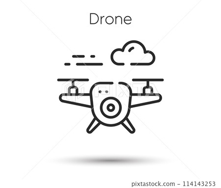 Drone line icon. Quadcopter with video camera sign. Quadrotor helicopter symbol. Illustration for web and mobile app. Line style quadrotor helicopter icon. Editable stroke drone. Vector 114143253