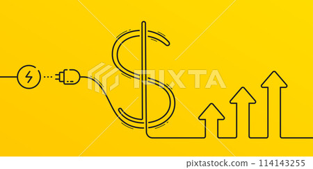Electric power cord in the dollar sign. Inflation concept banner. Electricity and utility cost, expense and bills. Save electric power background. Electricity up trend chart. Vector 114143255