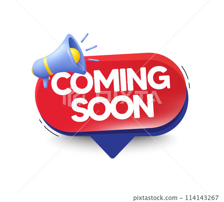 Coming soon banner with megaphone 3d icon. Promotion offer speech bubble with loudspeaker. New announcement chat bubble. Coming soon website banner with bullhorn. Vector Coming soon banner with megaphone 3d icon. Promotion offer speech bubble with loudspeaker. New announcement chat bubble. Coming soon website banner with bullhorn. Vector 114143267