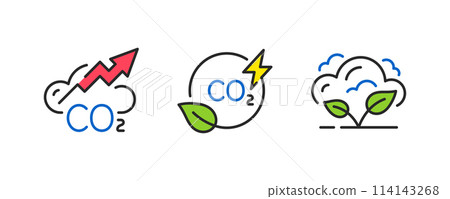 Zero emissions line icon set. Carbon dioxide pollution, Co2 emissions. Eco environment symbol. Line style carbon dioxide pollution icon. Save ecology and environment symbol. Vector 114143268