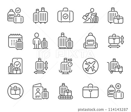 Baggage line icons. Travel bag size, Check weight and Backpack set. Airport luggage belt, handbag dimensions and baggage claim line icons. Check bag size, allowed luggage and briefcase. Vector Baggage line icons. Travel bag size, Check weight and Backpack set. Airport luggage belt, handbag dimensions and baggage claim line icons. Check bag size, allowed luggage and briefcase. Vector 114143287