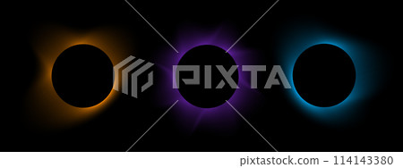 Set of soft blurry round frames. Circle shapes with orange, purple and blue and neon gradient borders isolated on dark background. Abstract design elements with y2k aura effect. Vector illustration Set of soft blurry round frames. Circle shapes with orange, purple and blue and neon gradient borders isolated on dark background. Abstract design elements with y2k aura effect. Vector illustration 114143380