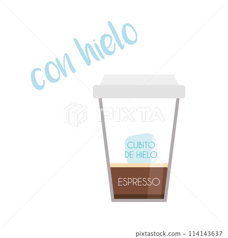 Vector illustration of an Espresso with ice coffee cup icon with its preparation and proportions and names in spanish. Vector illustration of an Espresso with ice coffee cup icon with its preparation and proportions and names in spanish. 114143637