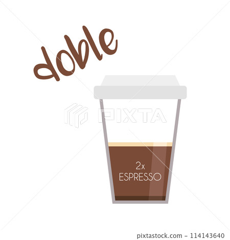 Vector illustration of an Espresso Doppio coffee cup icon with its preparation and proportions and names in spanish. Vector illustration of an Espresso Doppio coffee cup icon with its preparation and proportions and names in spanish. 114143640