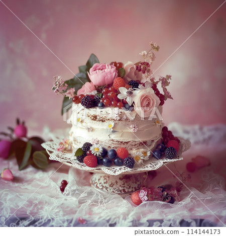 a rustic cake decorated with delicate edible flowers and fresh berries 114144173