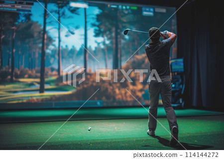 Golfer playing golf in indoor simulator Mixed media. golf simulator 114144272