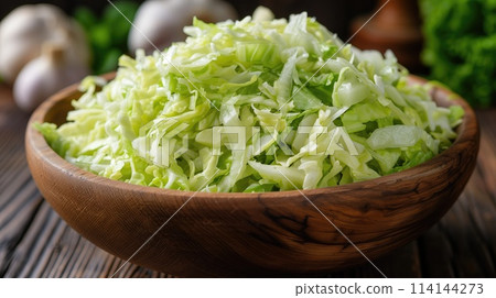 Shredded iceberg lettuce in a wooden bowl. 114144273