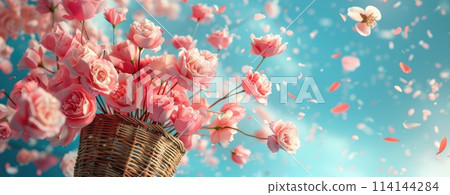 Bouquet of pink roses in a basket on a blue background 114144284