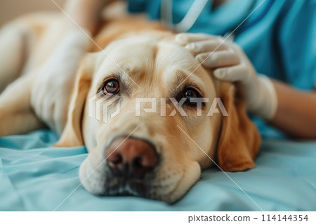 selective focus of veterinarian examining golden retriever with stethoscope 114144354