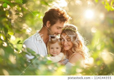 Portrait of a happy family with a child in the garden. 114144355