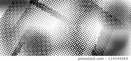 Halftone grunge texture. Distorted rough dirty scratched background. Dotted glitch punk textured wallpaper for banner, poster, flyer, print, overlay, magazine. Distress scuffed vector grunge backdrop 114144564