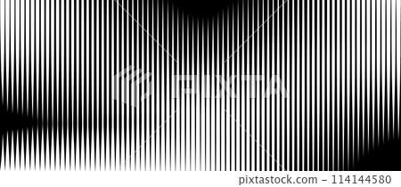 Line halftone gradient texture. Vibrating vertical gradation background. Repeated stripe pattern backdrop. Black parallel thin to thick stroke moire backdrop for overlay, print, cover. Vector 114144580