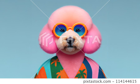 Funny dog wearing summer fashion on pastel background with copy space. Summer Vacation Concept. 114144615