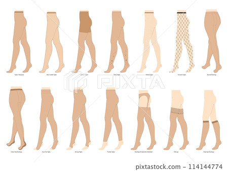 Set of Tights Pantyhose on legs with names text. Fashion accessory clothing technical illustration. Vector side view Set of Tights Pantyhose on legs with names text. Fashion accessory clothing technical illustration. Vector side view 114144774