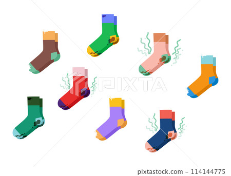 Set of colorful sock - dirty, stinky, with holes, bad Unpleasant smell Household and laundry concept. Apparel with Set of colorful sock - dirty, stinky, with holes, bad Unpleasant smell Household and laundry concept. Apparel with 114144775