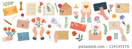 Envelopes, Postage Stamps, Postcards, Holding Hands, Floral Design Elements for Gifts, Greeting Cards. Different Paper Envelopes, Sealing Wax, Stationery for Postal Correspondence Collection, Isolated 114145579