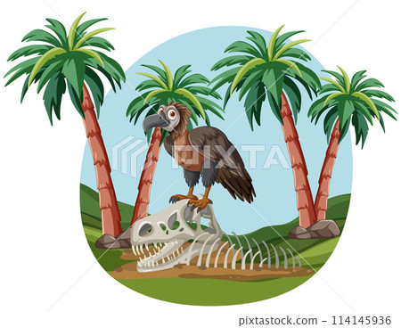 Vulture Perched on Deserted Skeleton Vulture Perched on Deserted Skeleton 114145936