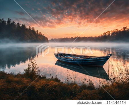 Boat on the lake in the rays of the rising sun Boat on the lake in the rays of the rising sun 114146254