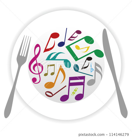 色彩繽紛、活潑的音符、盤子、刀叉 114146279