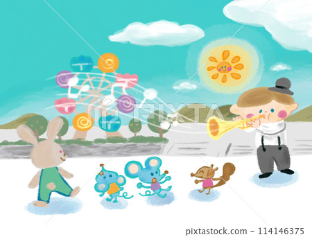 Illustration of children and animals performing at an amusement park 114146375