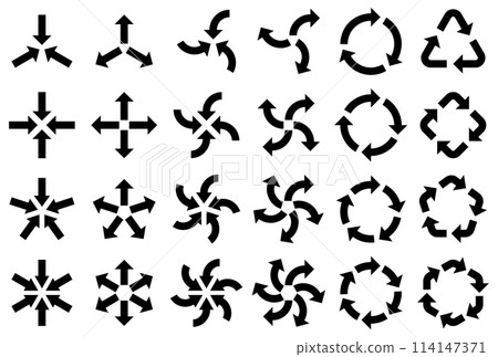 各種形狀的集中、擴散和旋轉箭頭的向量插圖集 114147371