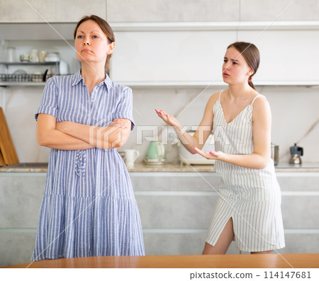 Distressed woman after a conflict with her daughter in home kitchen 114147681