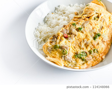 Omelet with pork and chili on rice on  the white background 114148066