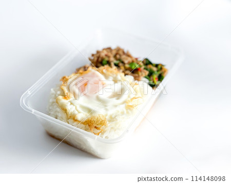 Rice topped with pork with Thai basil and fried egg Rice topped with pork with Thai basil and fried egg 114148098
