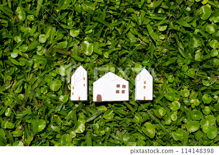 Miniature wooden house on green grass Miniature wooden house on green grass 114148398