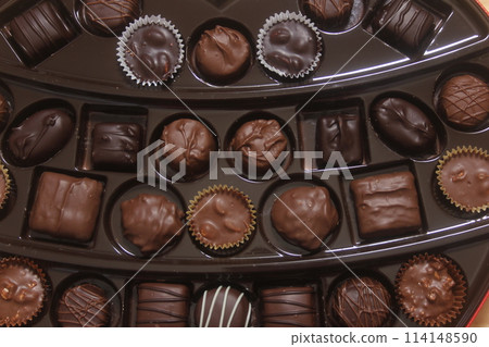 Box of Assorted Chocolate Candies For Gift Close up 114148590