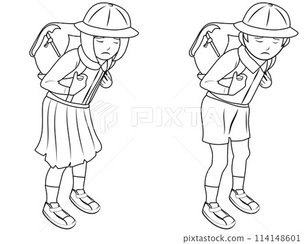 一個背著書包的抑鬱小學男孩和女孩的線條畫 一個背著書包的抑鬱小學男孩和女孩的線條畫 114148601