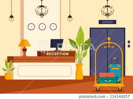 Hotel Reception Interior Vector Illustration with Receptionist People and Travelers for Booking in Flat Cartoon Background 114148857