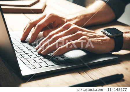 A man's hands operating a laptop computer {AI-generated image} A man's hands operating a laptop computer {AI-generated image} 114148877